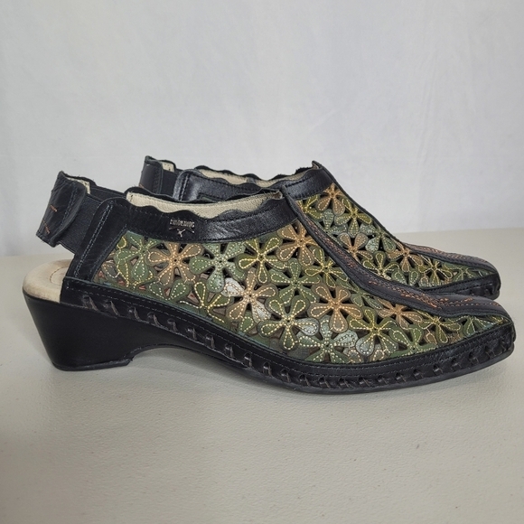 Pikilinos Ramona Floral Leather Elastic Sling-Back Low Heel Mules - Size 39/8.5 - Picture 1 of 16